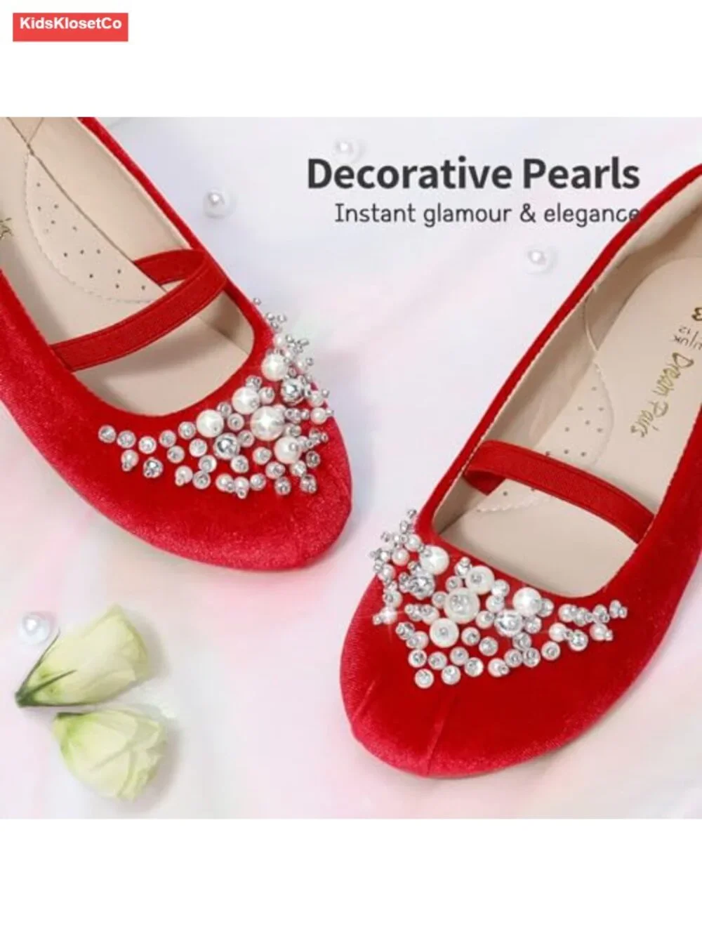 Girls Ballet Flats Mary Jane Dress Shoes Pearl Rhinestone Slip-On Party Wedding